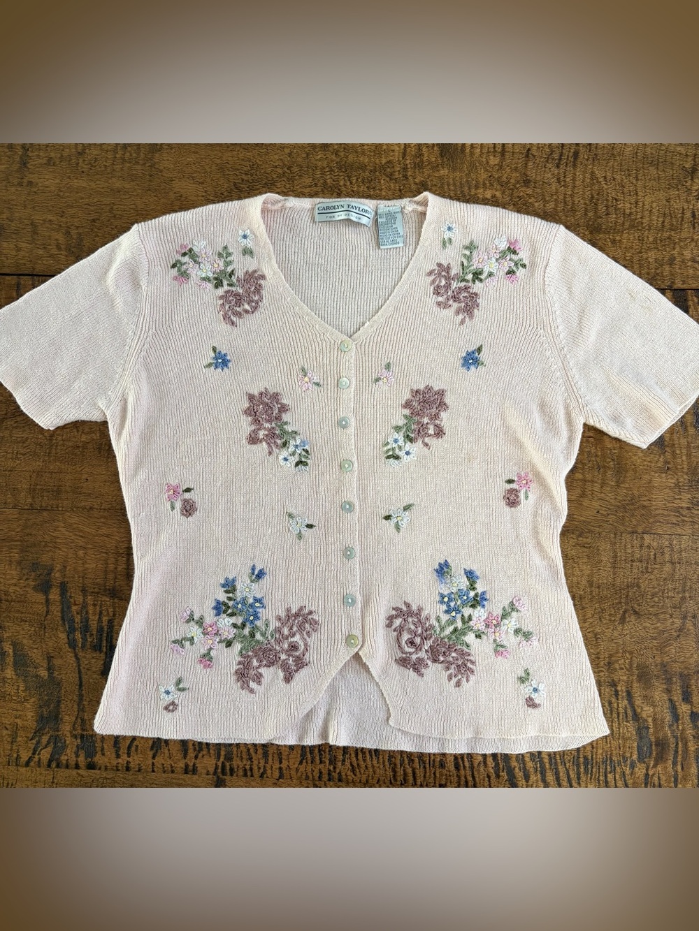 Vintage Carolyn Taylor Cardigan Sweater Pink Embroidered Floral LG